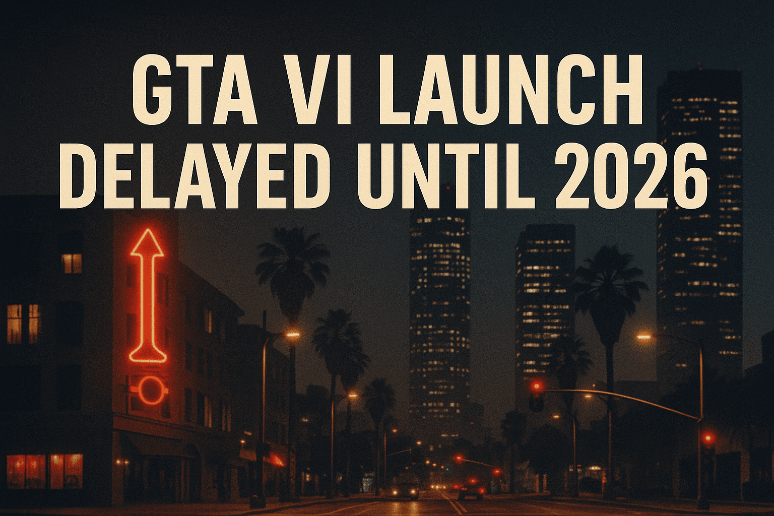 Nighttime cityscape inspired by GTA VI, featuring tall buildings, palm trees, neon lights, and a bold headline announcing the game's launch delay to 2026.