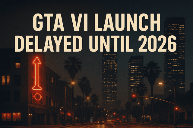 Nighttime cityscape inspired by GTA VI, featuring tall buildings, palm trees, neon lights, and a bold headline announcing the game's launch delay to 2026.