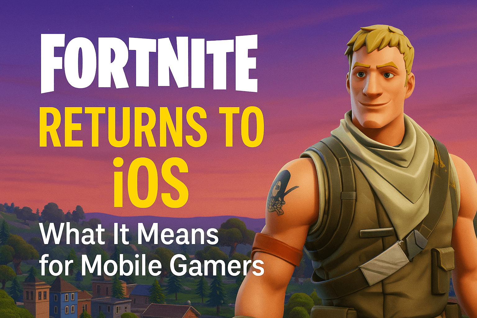 Fortnite returns to iOS: colorful promotional image featuring a Fortnite character with sunset skies, vibrant town scenery, and bold text highlighting the game’s comeback.