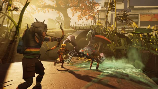 Three players battle a giant scorpion-like insect with bows and gear in an overgrown backyard, surrounded by tall grass and sunlight, in a scene from the game Grounded 2.